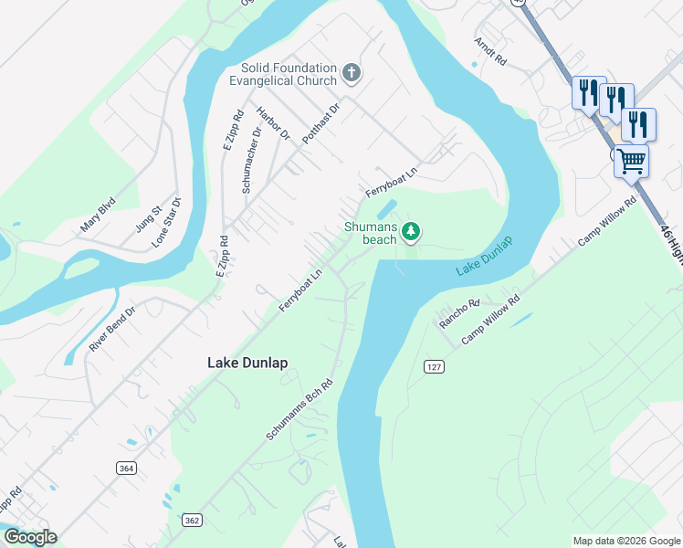 map of restaurants, bars, coffee shops, grocery stores, and more near 778 Schumans Beach Road in New Braunfels