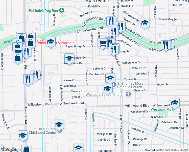 map of restaurants, bars, coffee shops, grocery stores, and more near 6039 Valkeith Drive in Houston