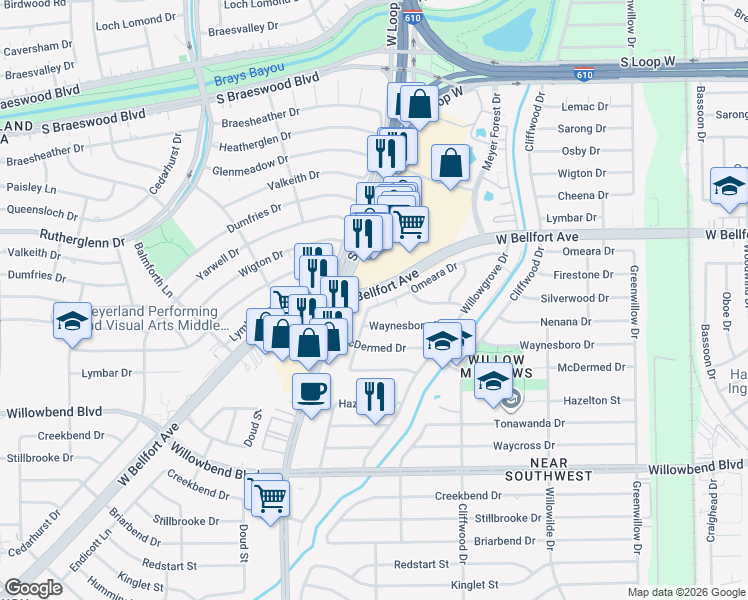 map of restaurants, bars, coffee shops, grocery stores, and more near 4850 West Bellfort Boulevard in Houston