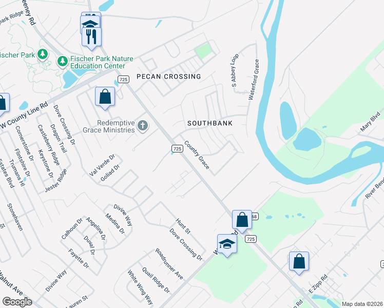 map of restaurants, bars, coffee shops, grocery stores, and more near 2327 Country Grace in New Braunfels