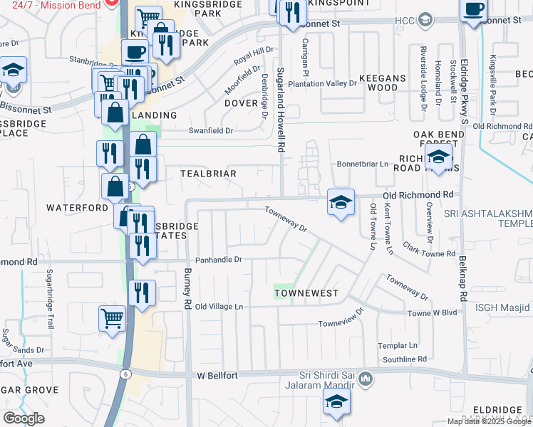 map of restaurants, bars, coffee shops, grocery stores, and more near 14066 Towneway Drive in Sugar Land
