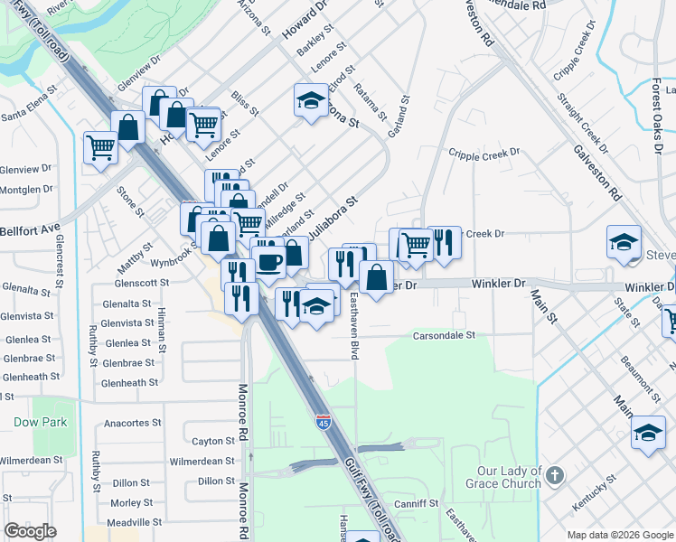 map of restaurants, bars, coffee shops, grocery stores, and more near 6014 Santa Bernadetta in Houston
