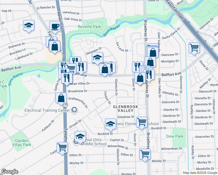 map of restaurants, bars, coffee shops, grocery stores, and more near 7831 Pecan Villas Drive in Houston