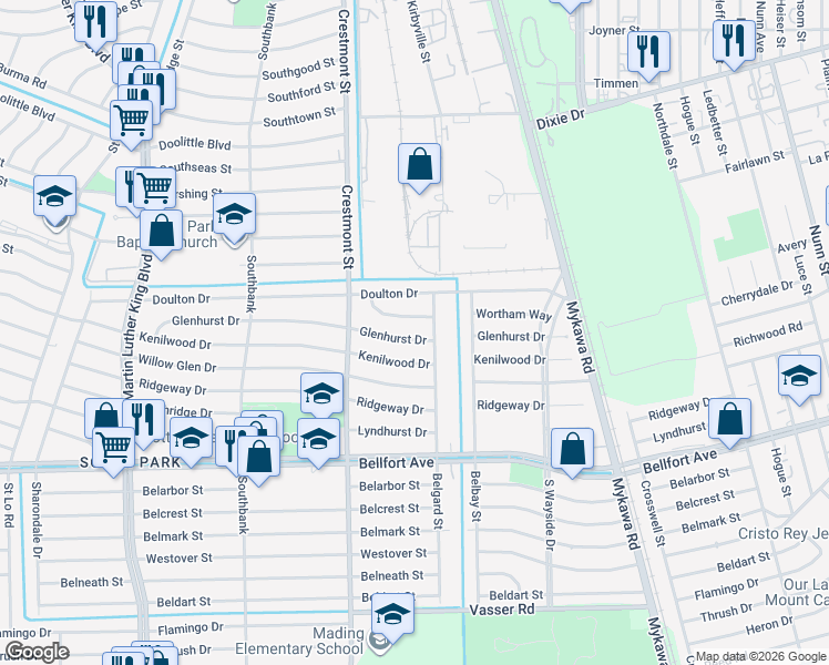 map of restaurants, bars, coffee shops, grocery stores, and more near 6033 Wortham Way in Houston
