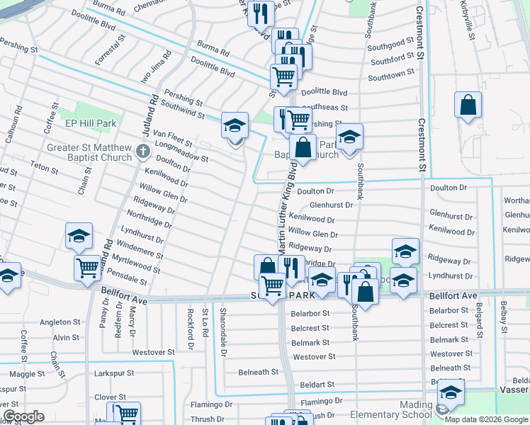 map of restaurants, bars, coffee shops, grocery stores, and more near 5602 Doulton Drive in Houston