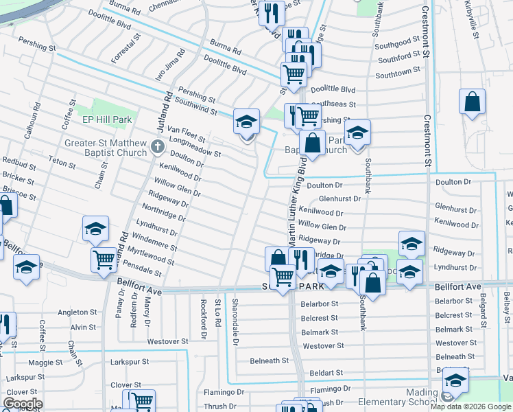 map of restaurants, bars, coffee shops, grocery stores, and more near 5429 Kenilwood Drive in Houston