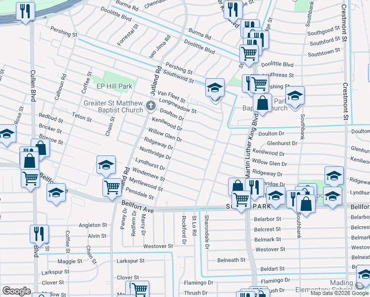 map of restaurants, bars, coffee shops, grocery stores, and more near 5307 Willow Glen Drive in Houston