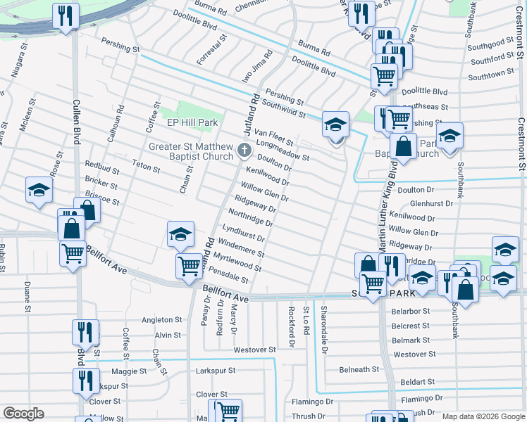 map of restaurants, bars, coffee shops, grocery stores, and more near 5206 Willow Glen Drive in Houston