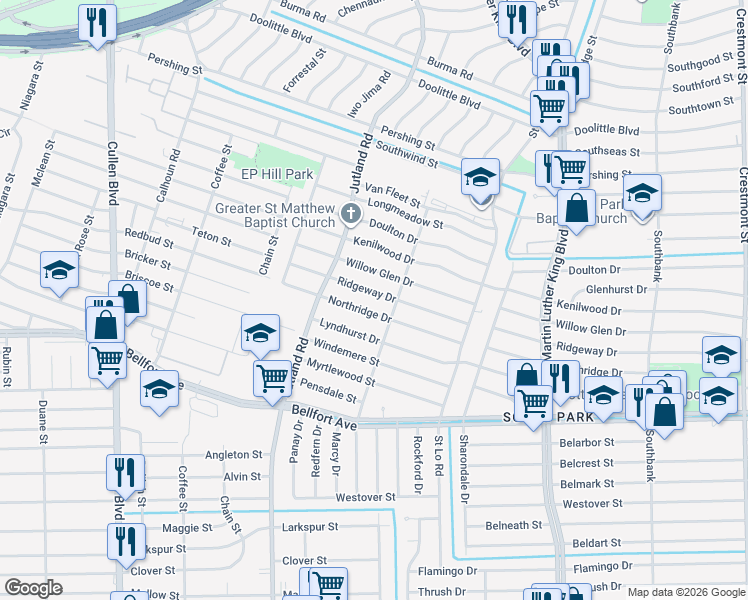 map of restaurants, bars, coffee shops, grocery stores, and more near 5206 Willow Glen Drive in Houston