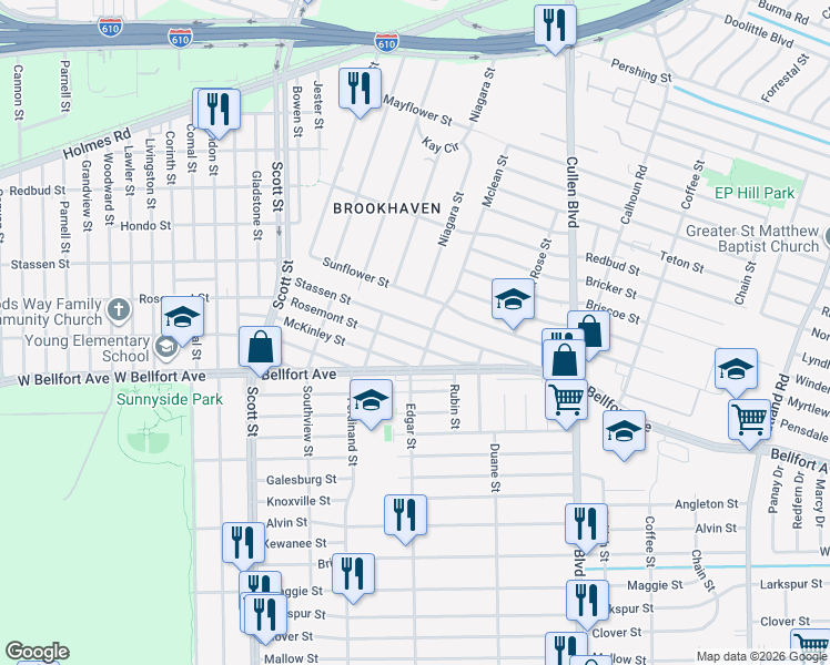 map of restaurants, bars, coffee shops, grocery stores, and more near 4407 Stassen Street in Houston