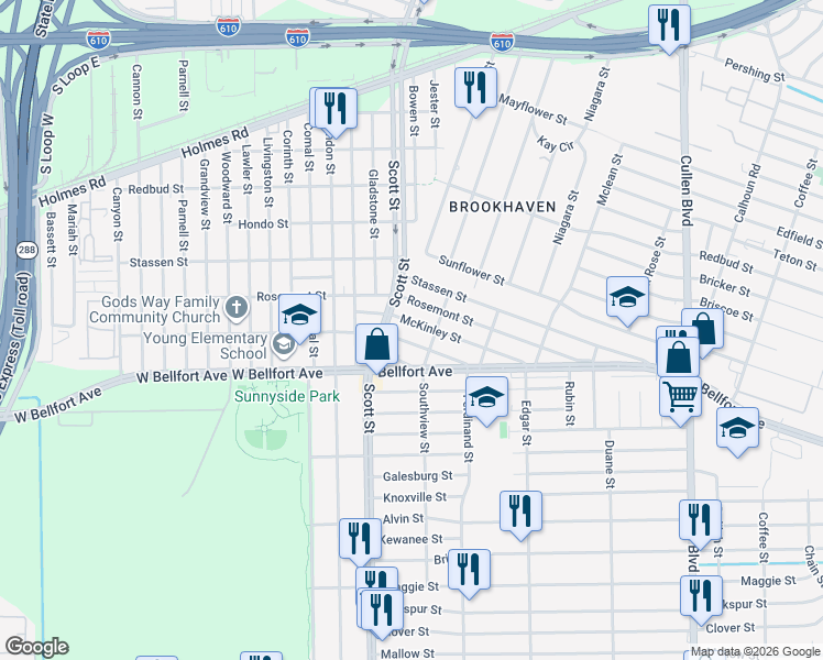 map of restaurants, bars, coffee shops, grocery stores, and more near 3903 McKinley Street in Houston