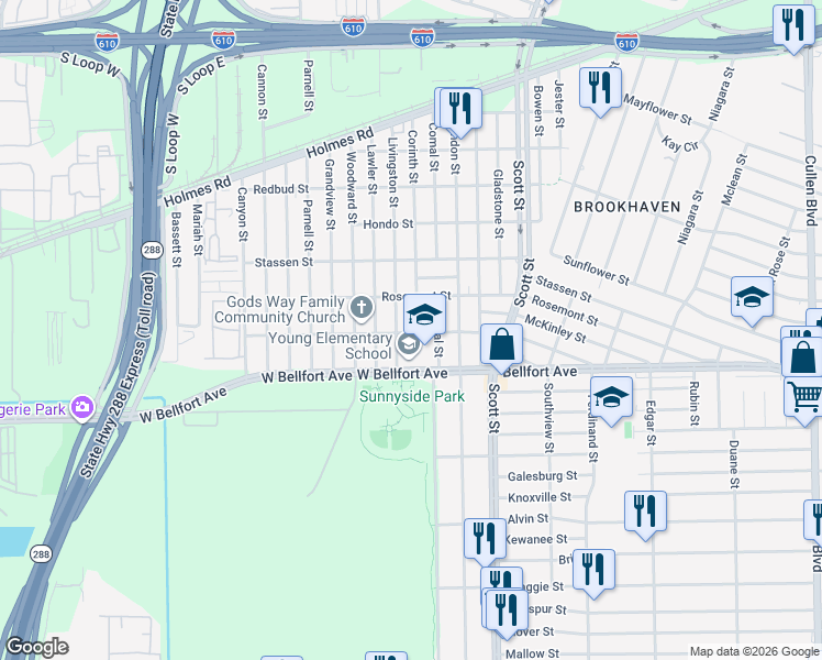 map of restaurants, bars, coffee shops, grocery stores, and more near 8312 Corinth Street in Houston