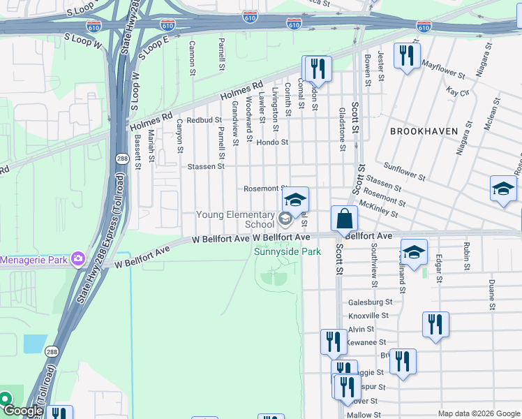 map of restaurants, bars, coffee shops, grocery stores, and more near 8310 Lawler Street in Houston
