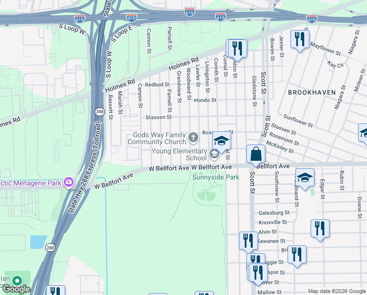 map of restaurants, bars, coffee shops, grocery stores, and more near 8310 Grandview Street in Houston