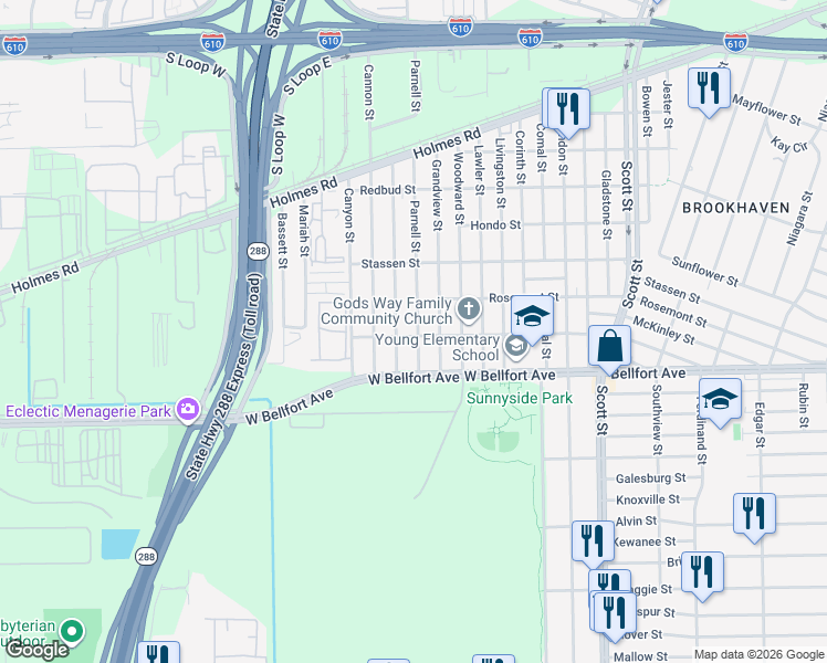 map of restaurants, bars, coffee shops, grocery stores, and more near 8309 Fountain Street in Houston