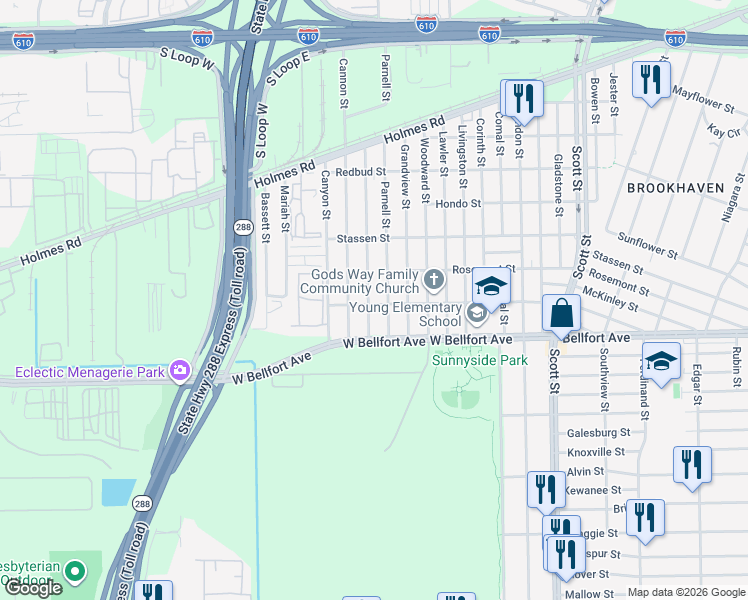 map of restaurants, bars, coffee shops, grocery stores, and more near 8309 Fountain Street in Houston