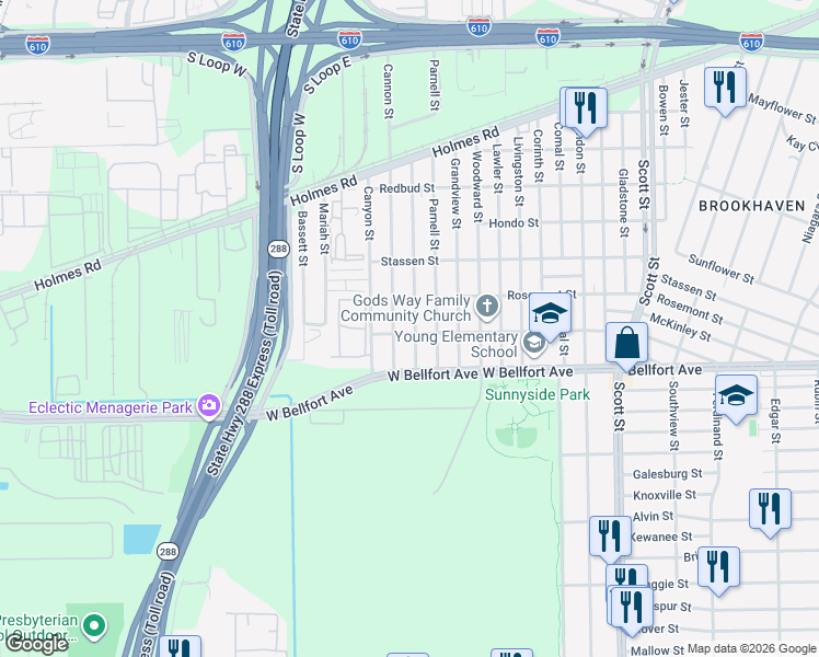 map of restaurants, bars, coffee shops, grocery stores, and more near 8309 Fountain Street in Houston