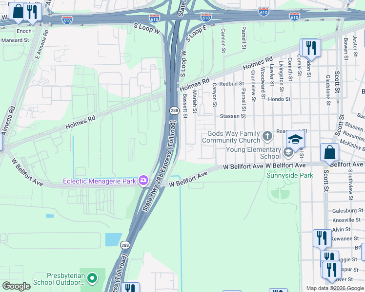 map of restaurants, bars, coffee shops, grocery stores, and more near 8321 Bassett Street in Houston