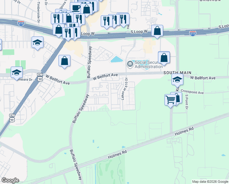 map of restaurants, bars, coffee shops, grocery stores, and more near 9011 Bayview Cove Drive in Houston