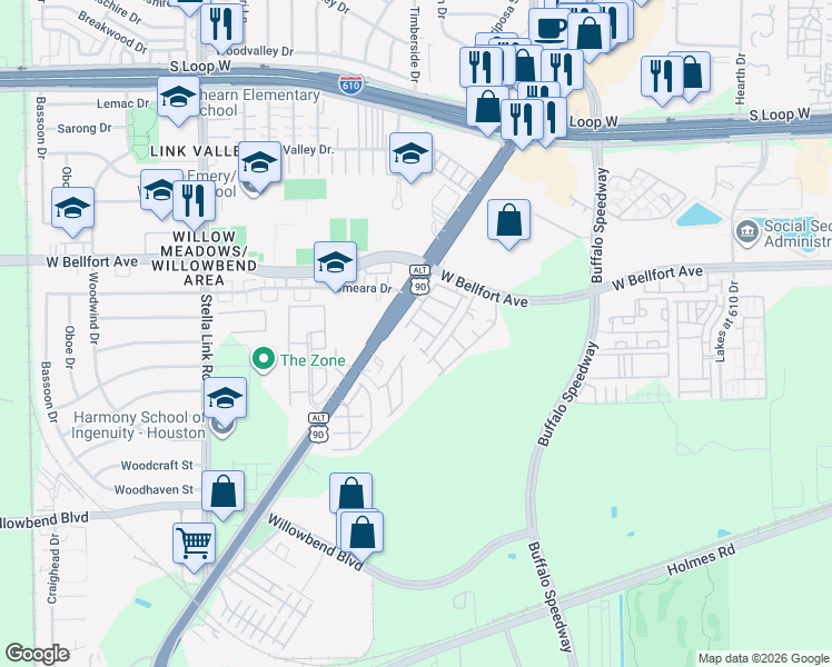 map of restaurants, bars, coffee shops, grocery stores, and more near 3419 Knighton Hill Drive in Houston