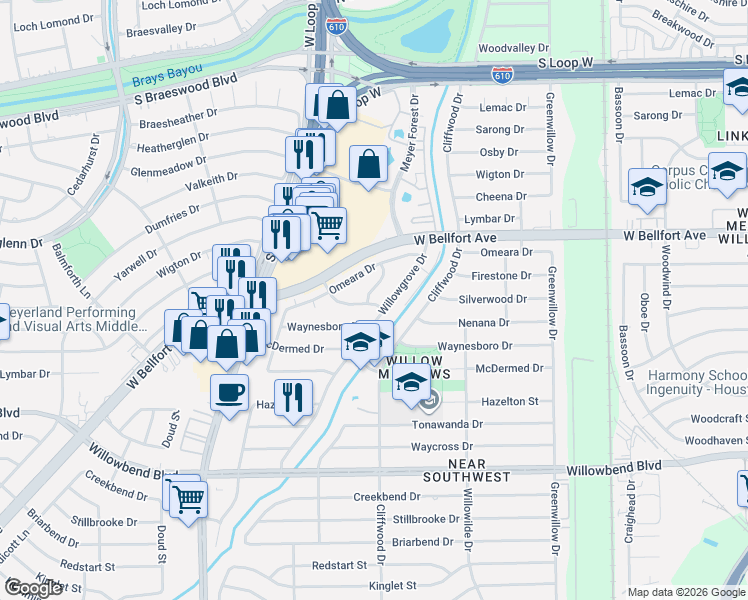 map of restaurants, bars, coffee shops, grocery stores, and more near 10218 Piermain Drive in Houston