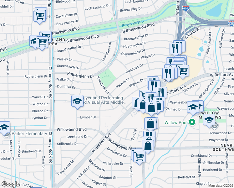 map of restaurants, bars, coffee shops, grocery stores, and more near 5039 Yarwell Drive in Houston