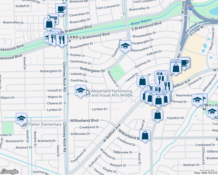 map of restaurants, bars, coffee shops, grocery stores, and more near 10011 Cedarhurst Drive in Houston