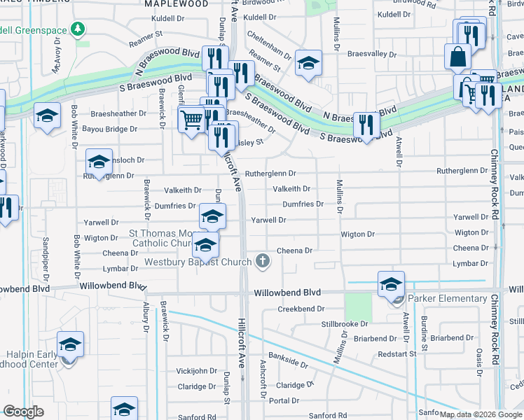 map of restaurants, bars, coffee shops, grocery stores, and more near 5831 Valkeith Drive in Houston