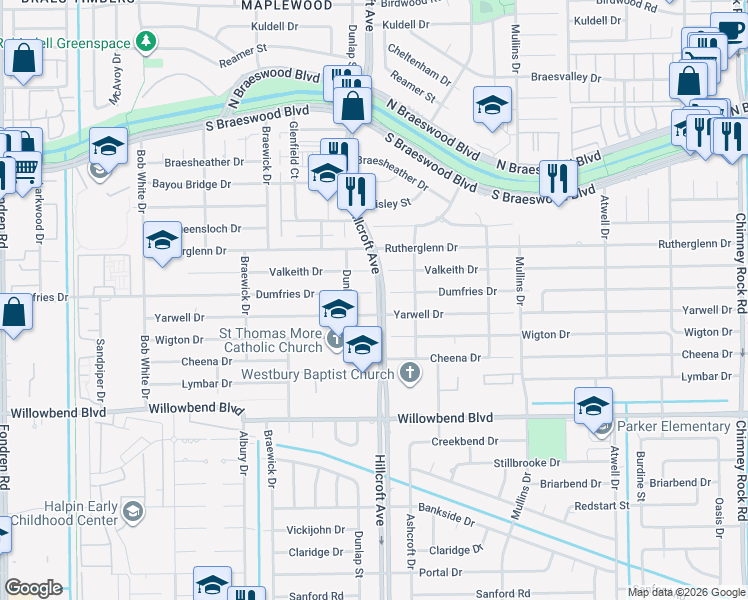 map of restaurants, bars, coffee shops, grocery stores, and more near 5907 Valkeith Drive in Houston