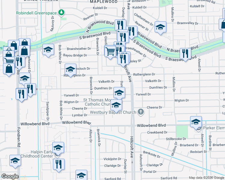 map of restaurants, bars, coffee shops, grocery stores, and more near 5935 Valkeith Drive in Houston