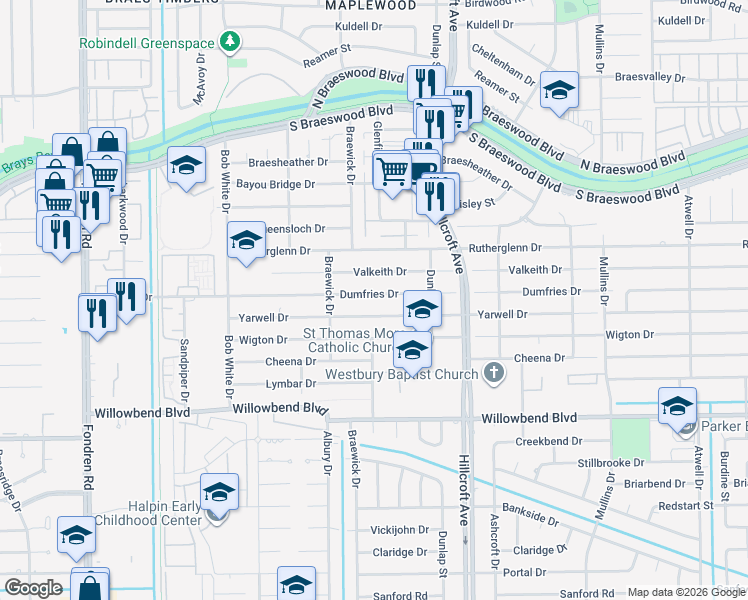 map of restaurants, bars, coffee shops, grocery stores, and more near 6011 Valkeith Drive in Houston