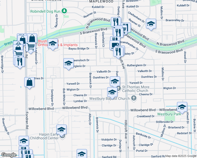 map of restaurants, bars, coffee shops, grocery stores, and more near 6039 Valkeith Drive in Houston