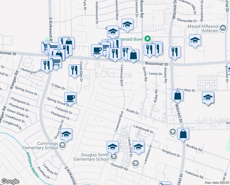 map of restaurants, bars, coffee shops, grocery stores, and more near 11503 Elmcroft Drive in Houston