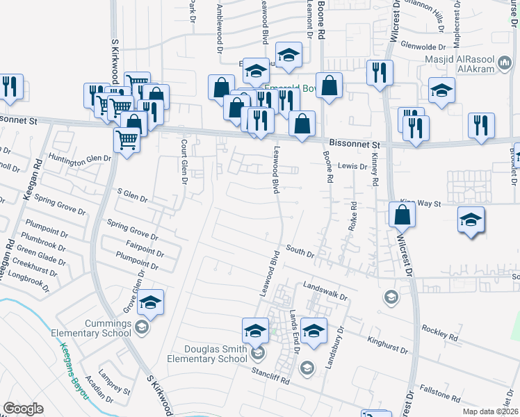 map of restaurants, bars, coffee shops, grocery stores, and more near 11503 Elmcroft Drive in Houston