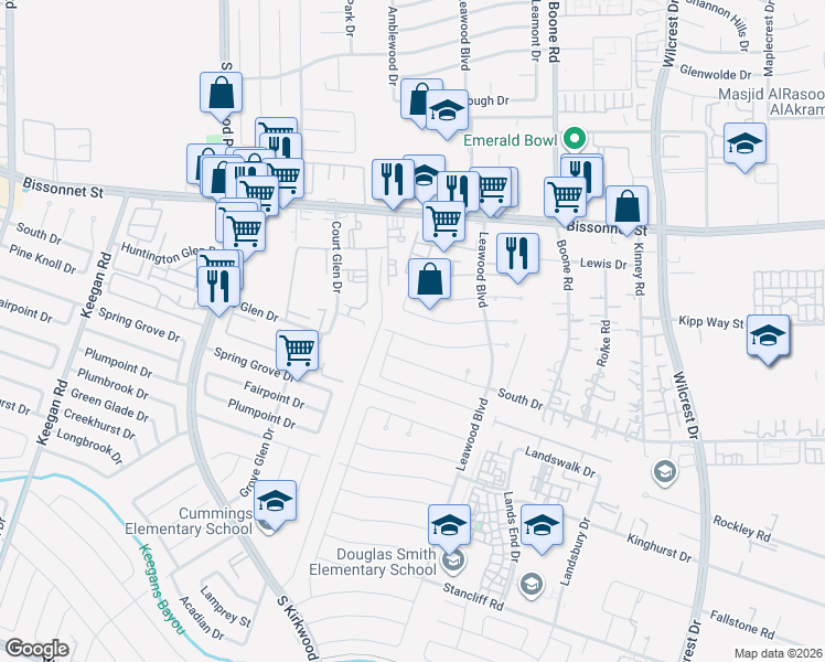 map of restaurants, bars, coffee shops, grocery stores, and more near 11614 Gladefield Drive in Houston