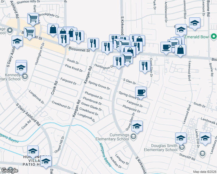 map of restaurants, bars, coffee shops, grocery stores, and more near 12007 Clifton Oaks Drive in Houston