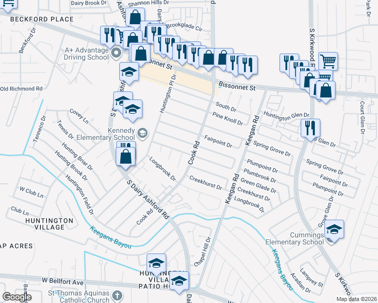 map of restaurants, bars, coffee shops, grocery stores, and more near 12314 Plumpoint Dr in Houston