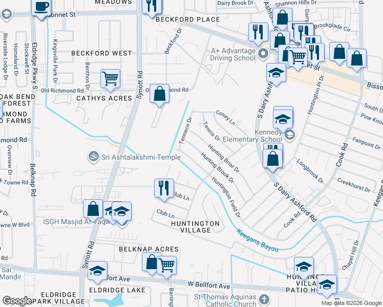 map of restaurants, bars, coffee shops, grocery stores, and more near 12822 Hunting Brook Drive in Houston