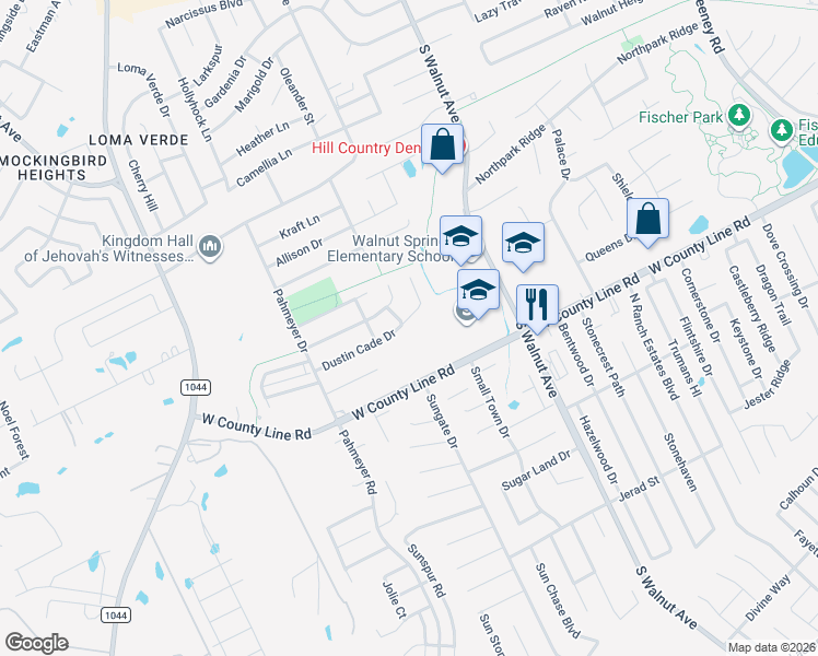 map of restaurants, bars, coffee shops, grocery stores, and more near 1538 Dustin Cade Drive in New Braunfels