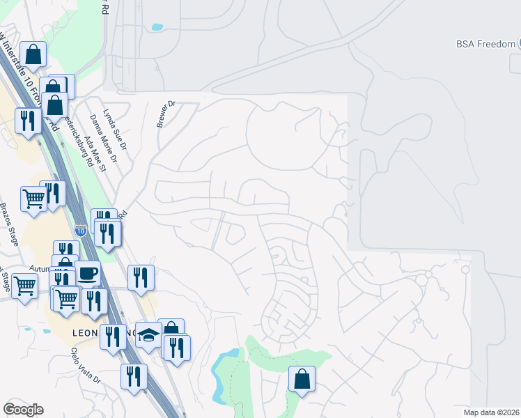 map of restaurants, bars, coffee shops, grocery stores, and more near 24706 Moorland in San Antonio