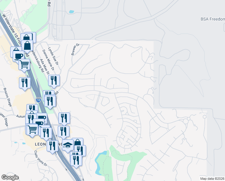 map of restaurants, bars, coffee shops, grocery stores, and more near 24706 Moorland in San Antonio