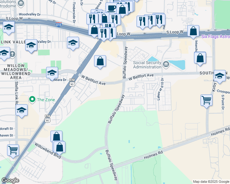map of restaurants, bars, coffee shops, grocery stores, and more near 14410 Buffalo Speedway in Houston