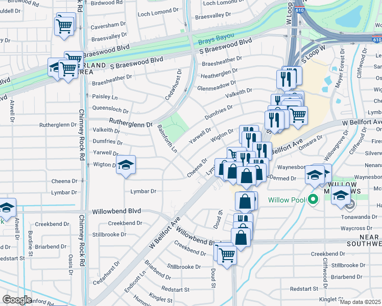 map of restaurants, bars, coffee shops, grocery stores, and more near 5046 Wigton Drive in Houston