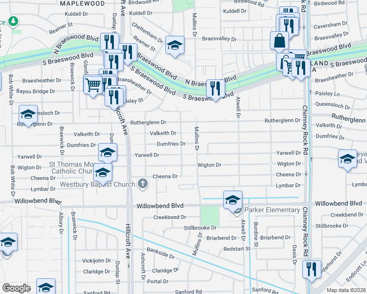 map of restaurants, bars, coffee shops, grocery stores, and more near 5710 Dumfries Drive in Houston