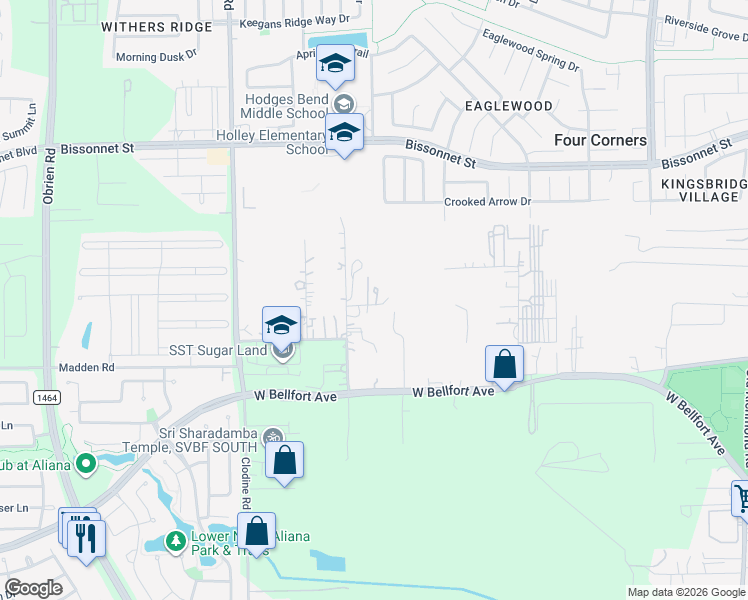 map of restaurants, bars, coffee shops, grocery stores, and more near 16526 Boss Gaston Road in Sugar Land