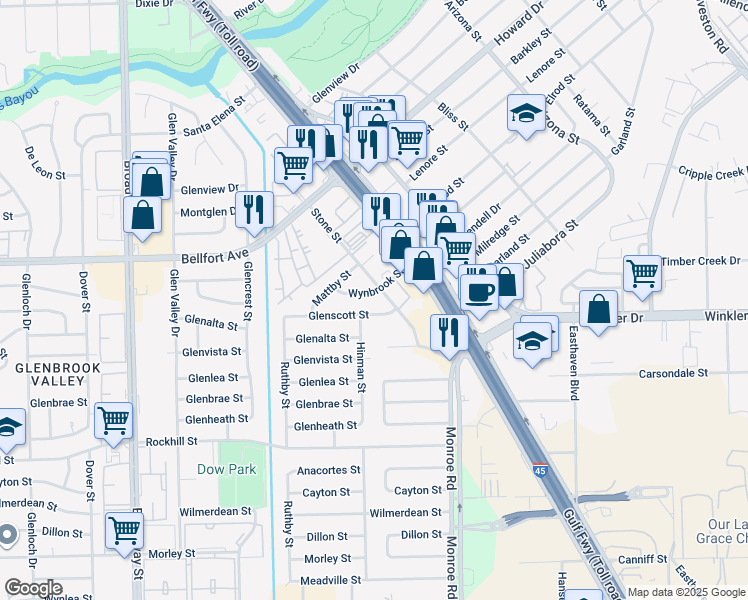 map of restaurants, bars, coffee shops, grocery stores, and more near 8335 Wynbrook Street in Houston