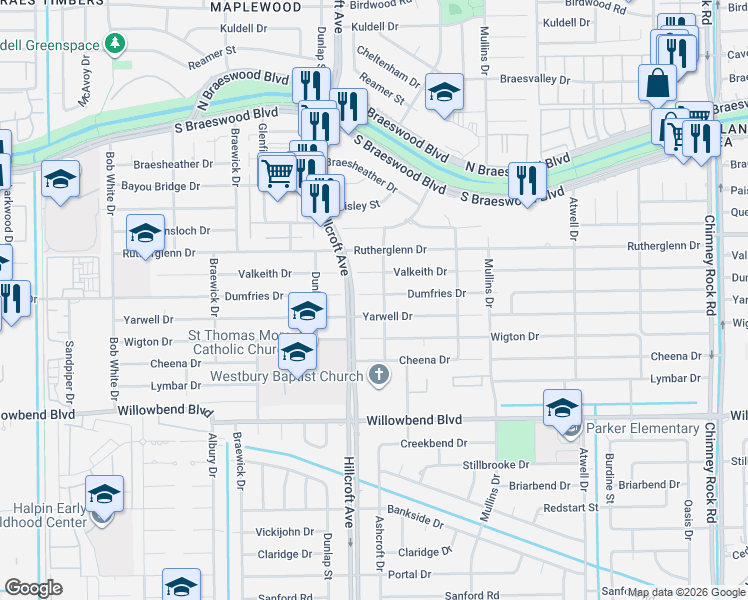 map of restaurants, bars, coffee shops, grocery stores, and more near 5831 Valkeith Drive in Houston