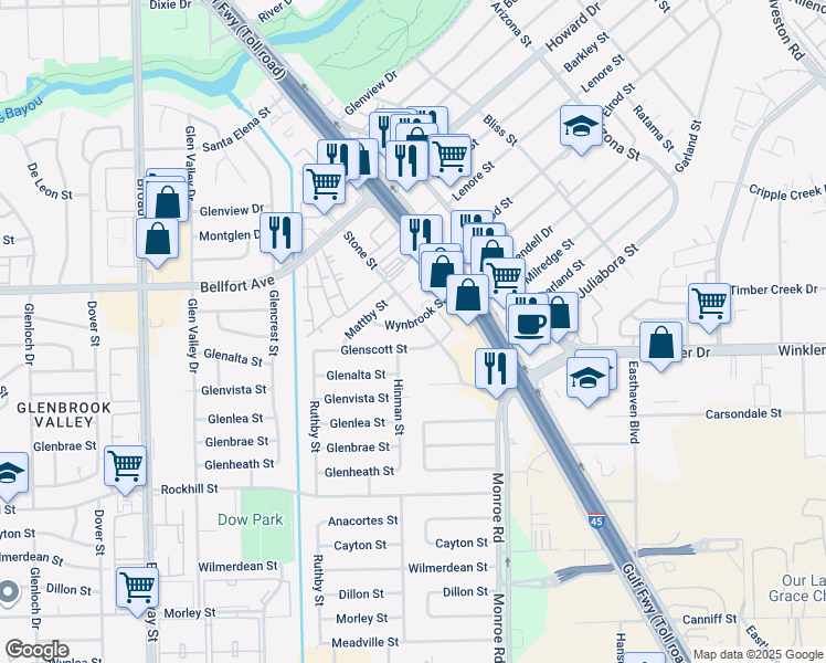 map of restaurants, bars, coffee shops, grocery stores, and more near 8335 Wynbrook Street in Houston