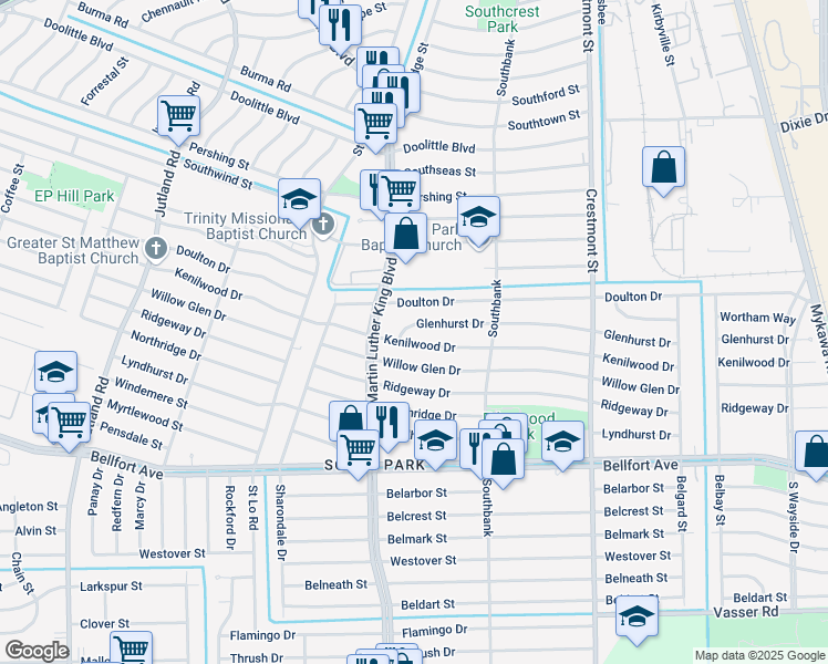 map of restaurants, bars, coffee shops, grocery stores, and more near 5723 Glenhurst Drive in Houston