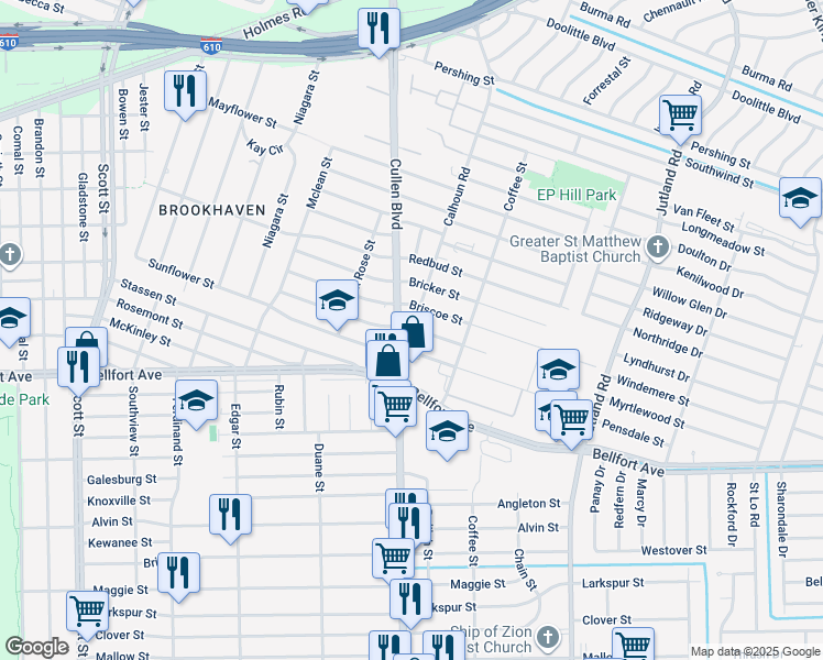 map of restaurants, bars, coffee shops, grocery stores, and more near 4746 Briscoe Street in Houston
